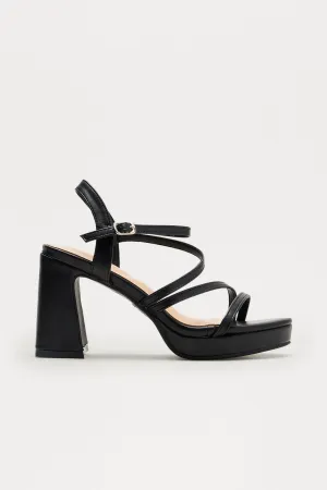 Adriel Faux Leather Ankle Strap Heels - Black