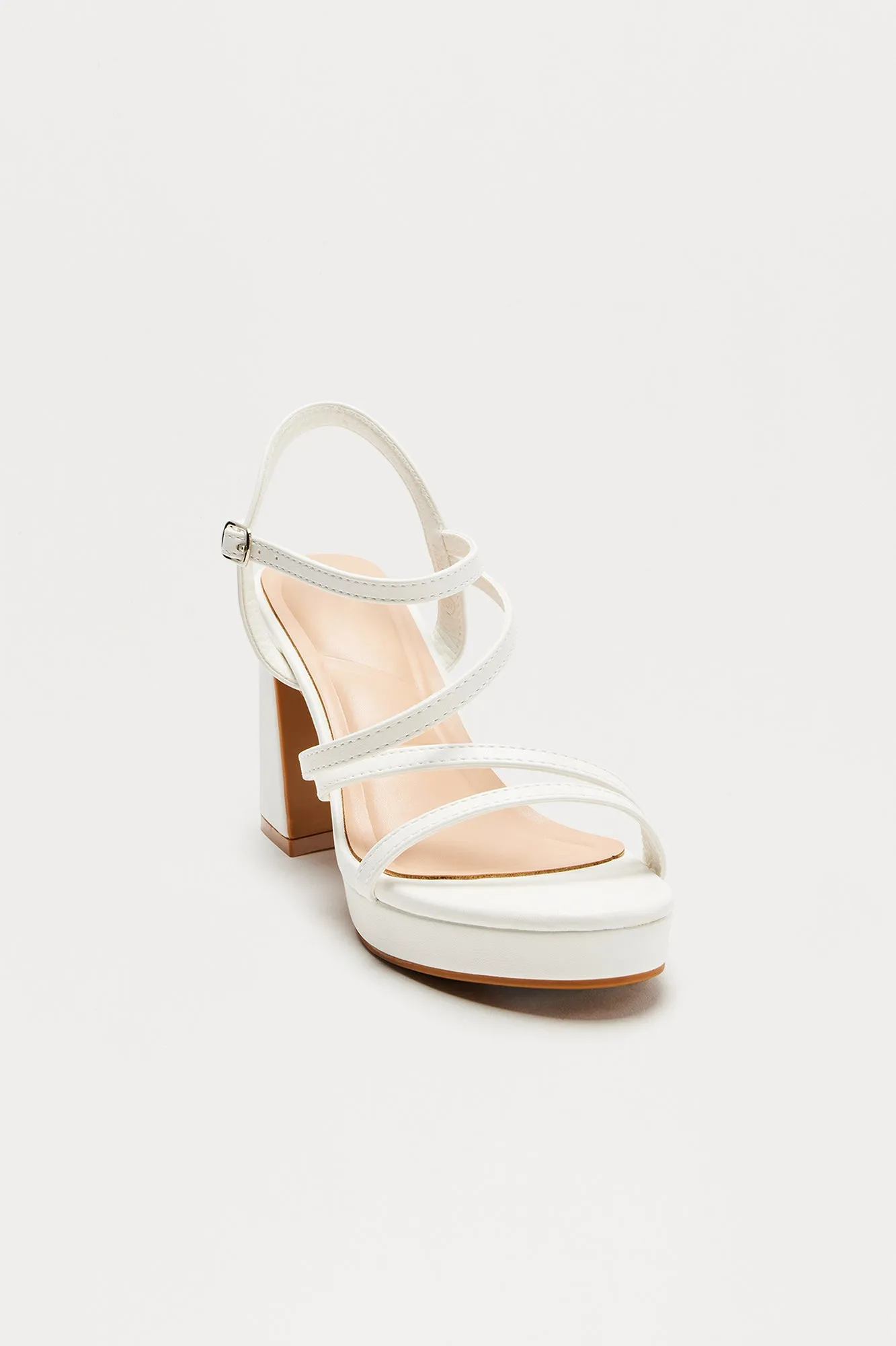 Adriel Faux Leather Ankle Strap Heels - White