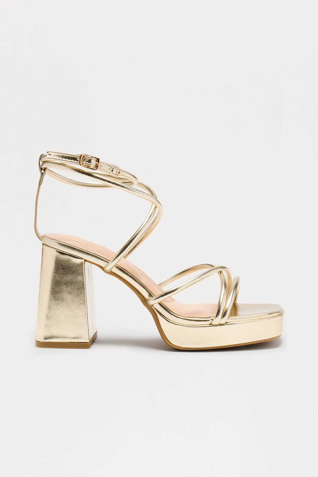 Aggie Faux Leather Block Heels - Gold