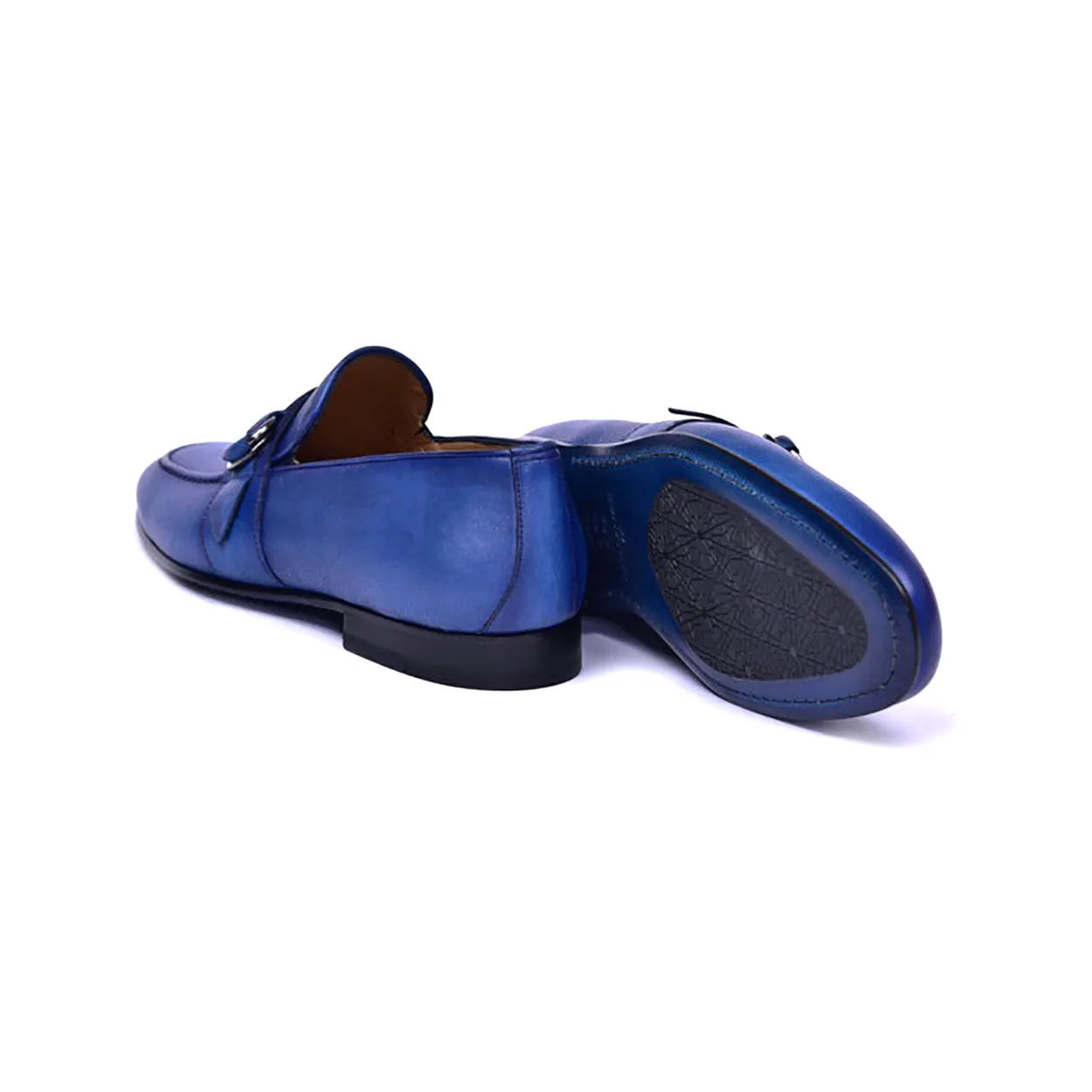 Corrente C0010 6628 Men's Shoes Blue Calf-Skin Leather Monk-Strap Loafers (CRT1456)