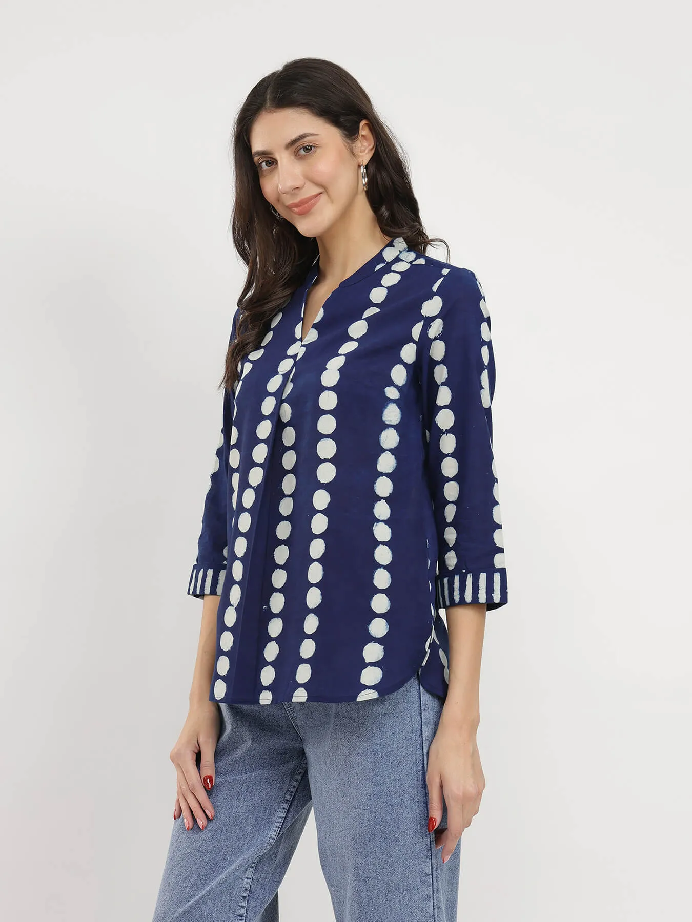 Cotton Dabu Polka Print Top - Indigo
