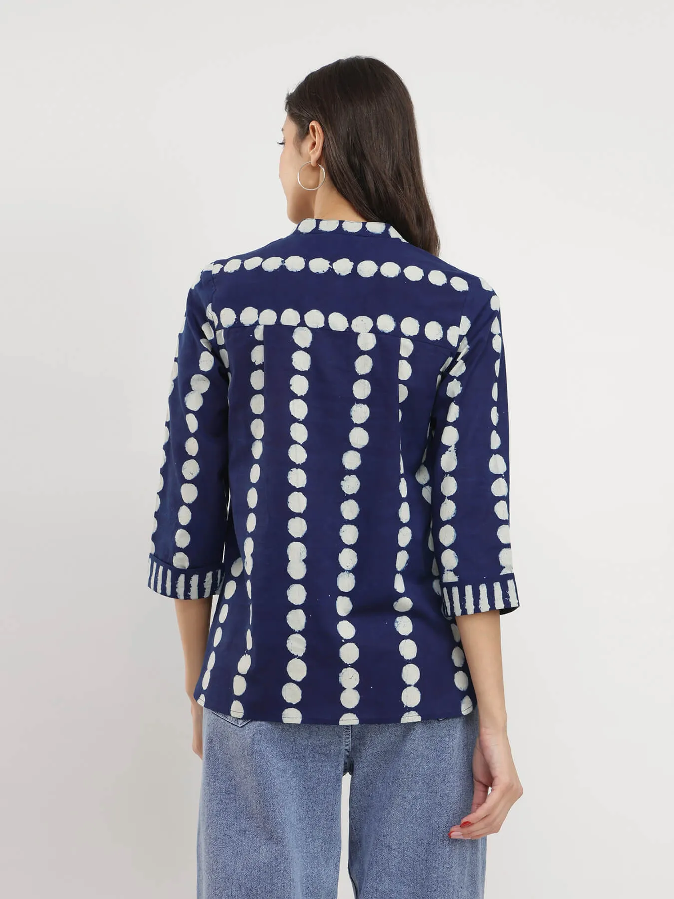 Cotton Dabu Polka Print Top - Indigo