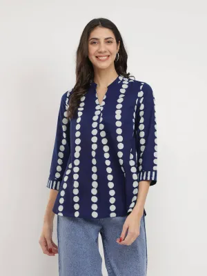 Cotton Dabu Polka Print Top - Indigo