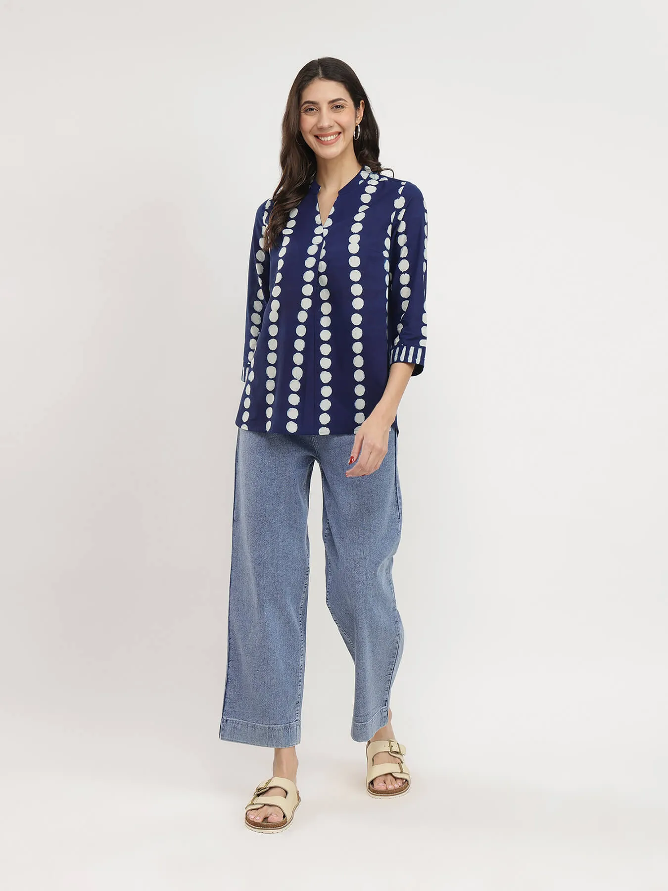 Cotton Dabu Polka Print Top - Indigo