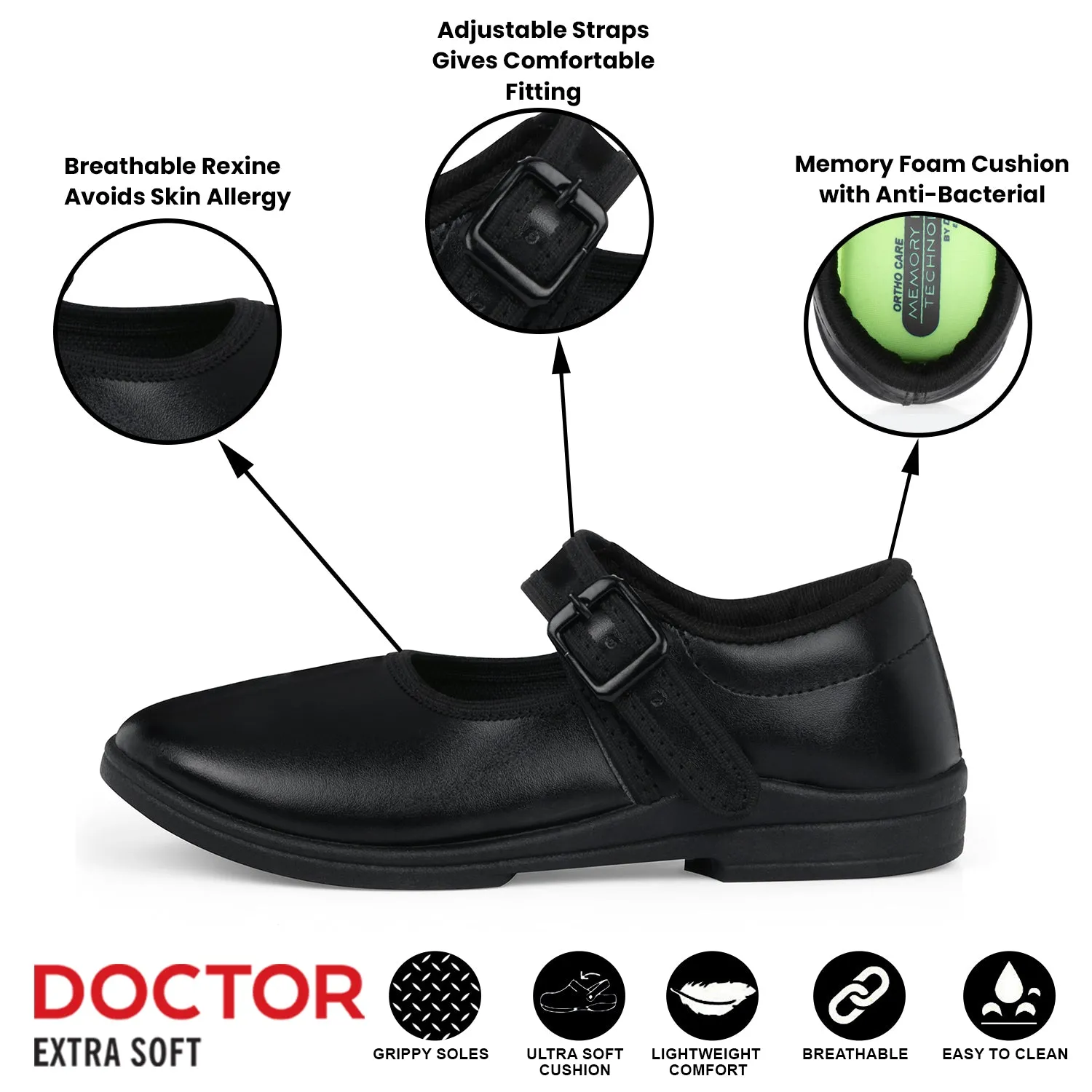 DOCTOR EXTRA SOFT D-3003 Girls Black & White Ballerina Uniform School Shoes with Adjustable Hook & Loop| Memory Foam Cushion & Anti-Bacterial Technology| Lightweight & Comfortable|Durable & Anti-Skid