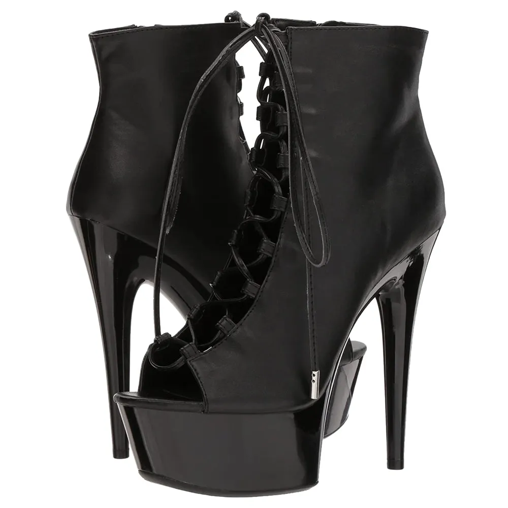 Ellie Shoes Reverse 6" Stiletto Platform Lace-Up Peeptoe Boot