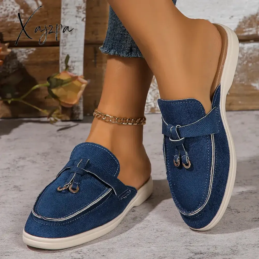 New Casual Flat Bottom Mules Lock Tassel Loafers Fashion Women Single Shoes Brand Metal Buckle Slipper Comfortable Slip on Shoes