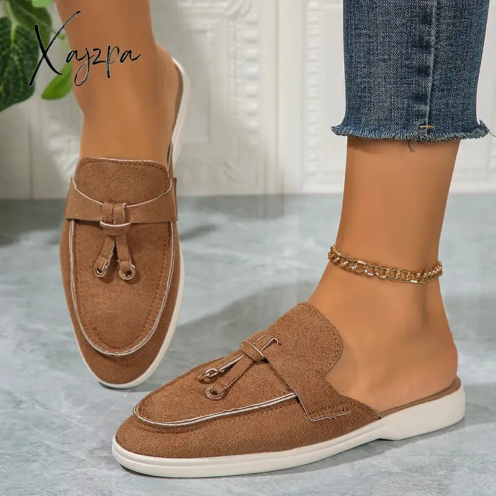New Casual Flat Bottom Mules Lock Tassel Loafers Fashion Women Single Shoes Brand Metal Buckle Slipper Comfortable Slip on Shoes