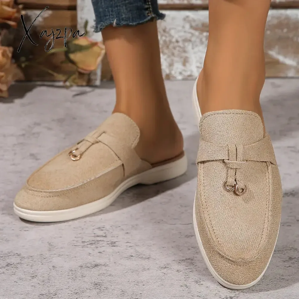 New Casual Flat Bottom Mules Lock Tassel Loafers Fashion Women Single Shoes Brand Metal Buckle Slipper Comfortable Slip on Shoes