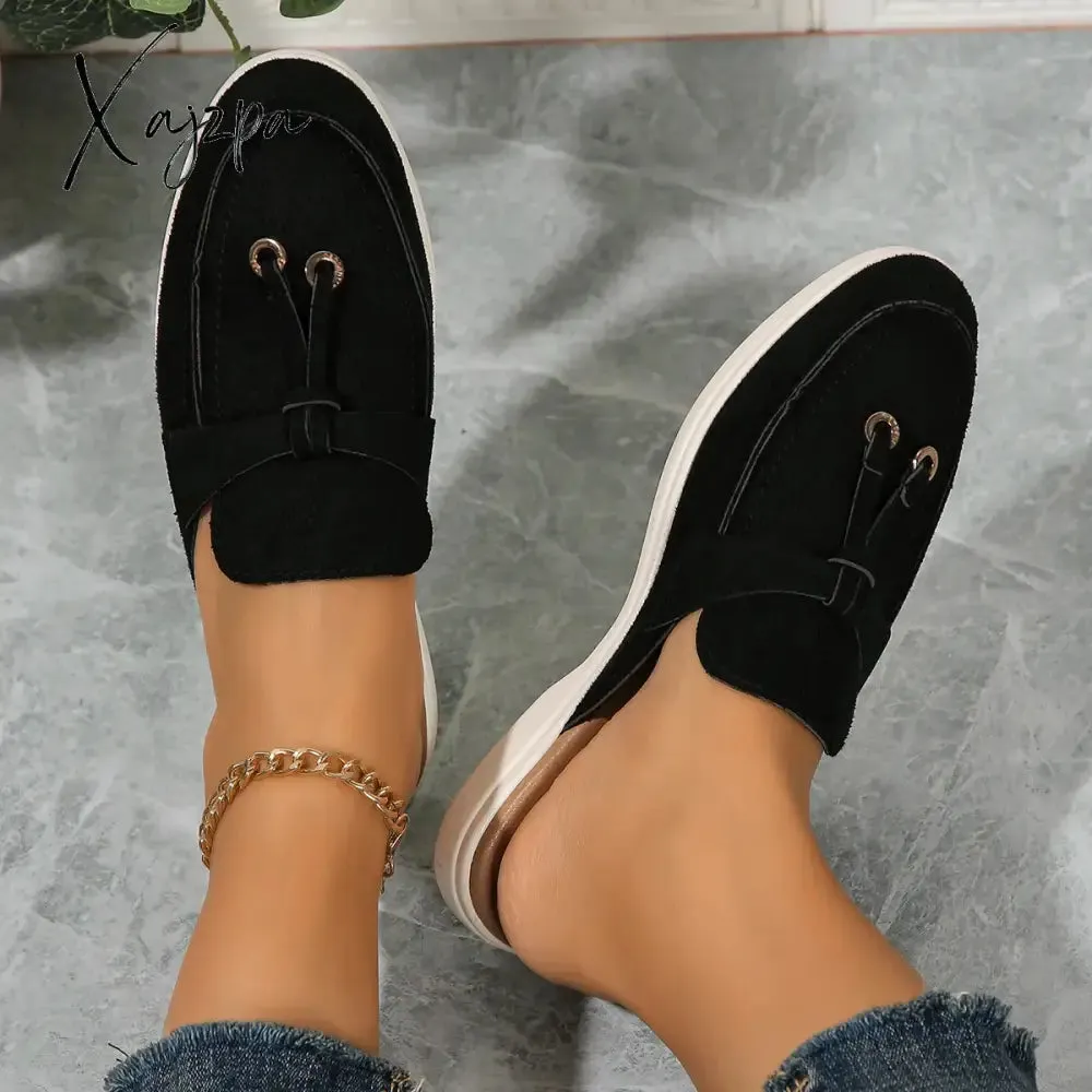 New Casual Flat Bottom Mules Lock Tassel Loafers Fashion Women Single Shoes Brand Metal Buckle Slipper Comfortable Slip on Shoes