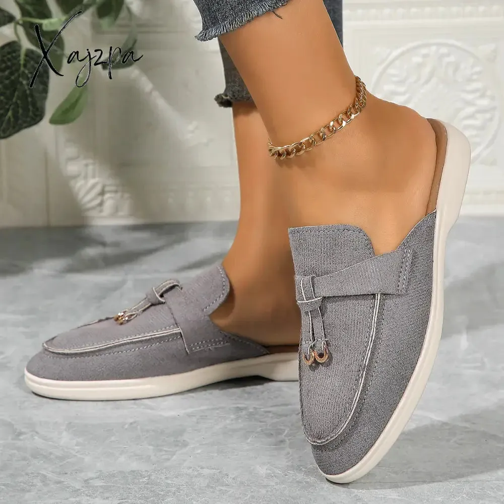 New Casual Flat Bottom Mules Lock Tassel Loafers Fashion Women Single Shoes Brand Metal Buckle Slipper Comfortable Slip on Shoes