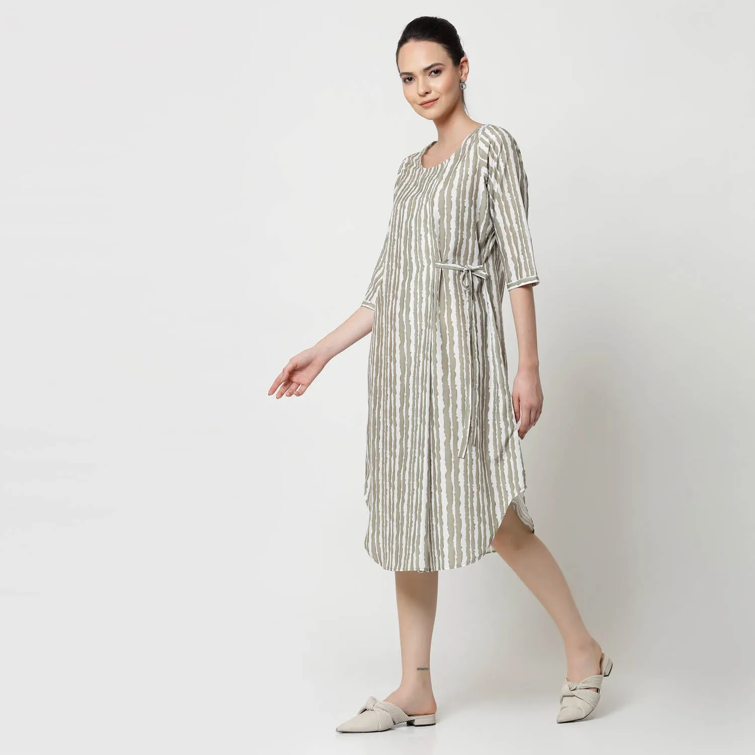 Olive Stripe Tunic With Side Tie Knot