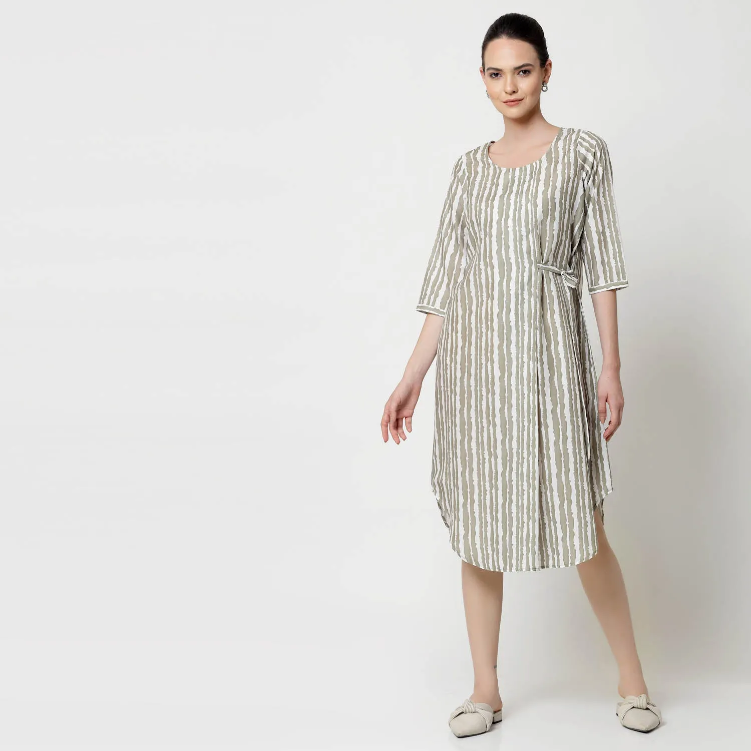 Olive Stripe Tunic With Side Tie Knot