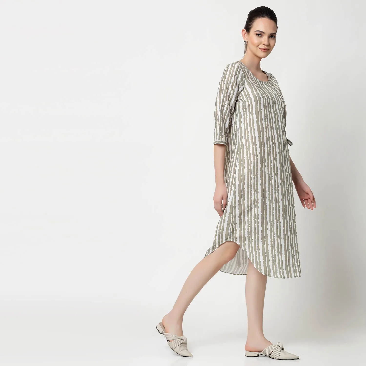Olive Stripe Tunic With Side Tie Knot