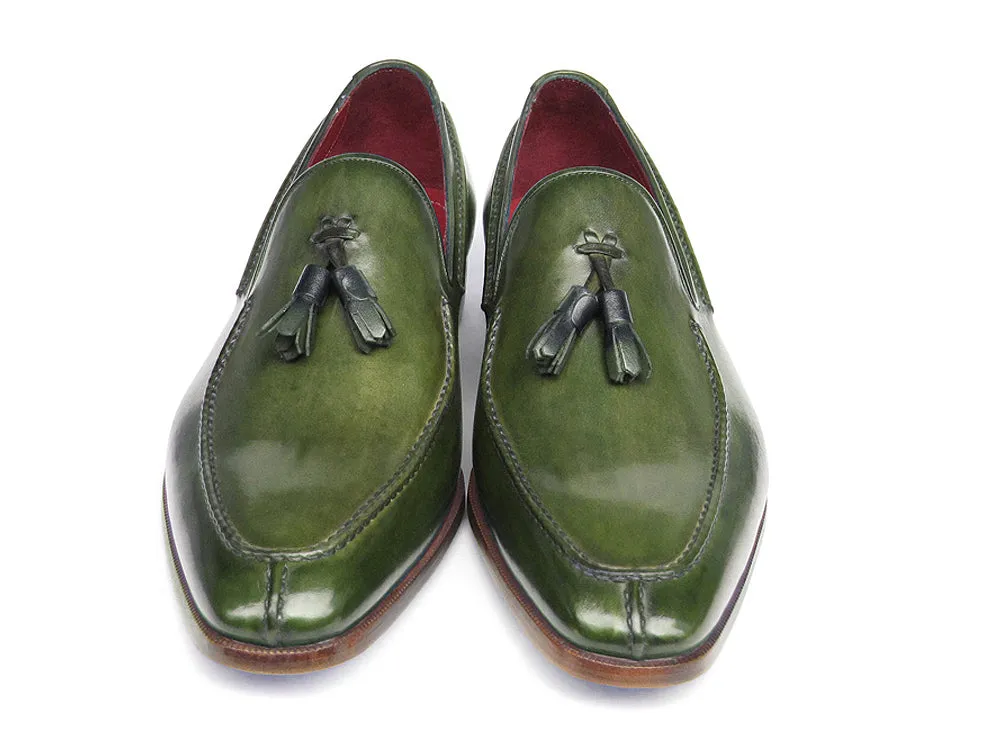 Paul Parkman Men's Tassel Loafer Green Hand Painted Leather Shoes (Id#083)