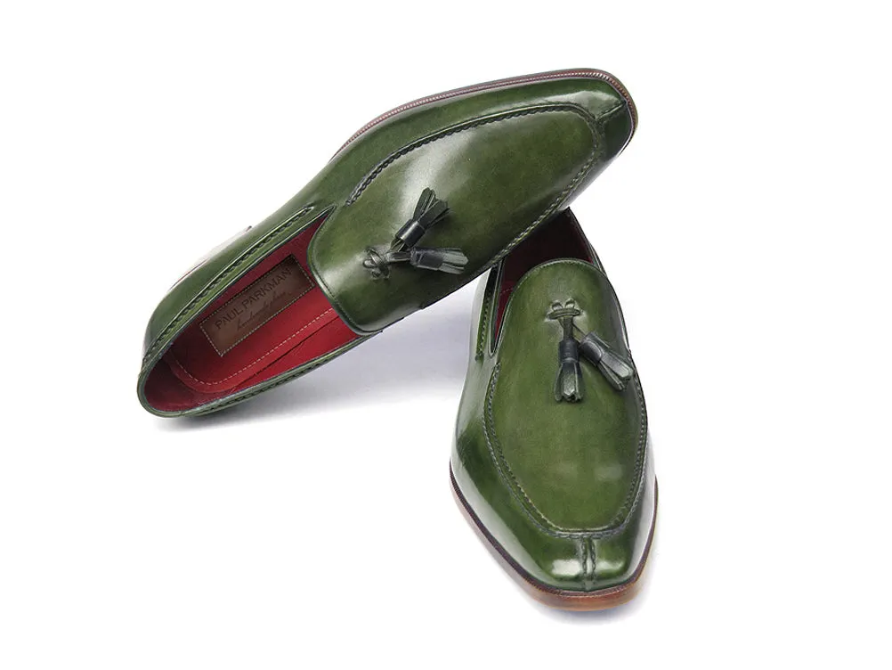 Paul Parkman Men's Tassel Loafer Green Hand Painted Leather Shoes (Id#083)