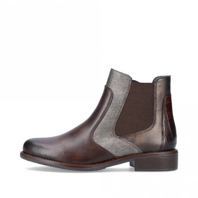 Remonte Leather Brown Cheslsea Boot Style With Moc Croc Trim