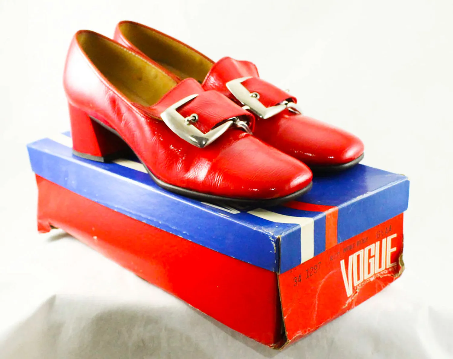 Size 6 Red 60s Loafers - Never Worn 1960s Mod Shoes - 60s Wet Look Vinyl Pumps - Double Silvertone Buckle - NOS in Box - 6AA Narrow