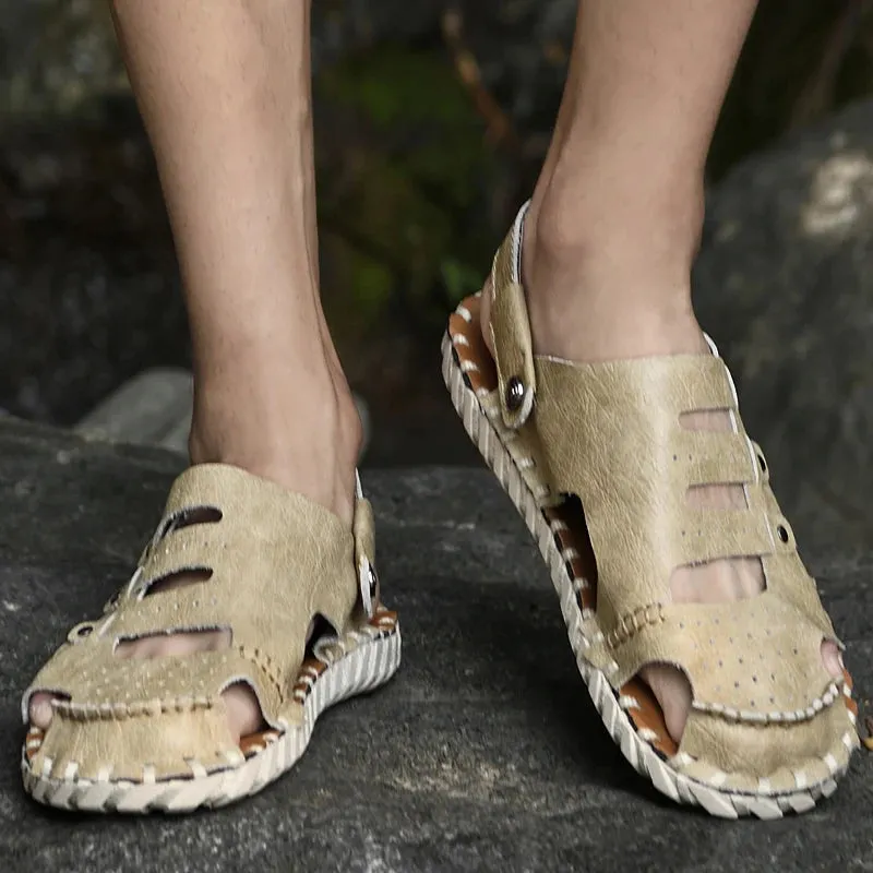 Sohiwoo Summer Fashion Casual Anti slip Large Casual Leather Breathable Lightweight and Versatile Durable Sandals Beach Shoes for Men