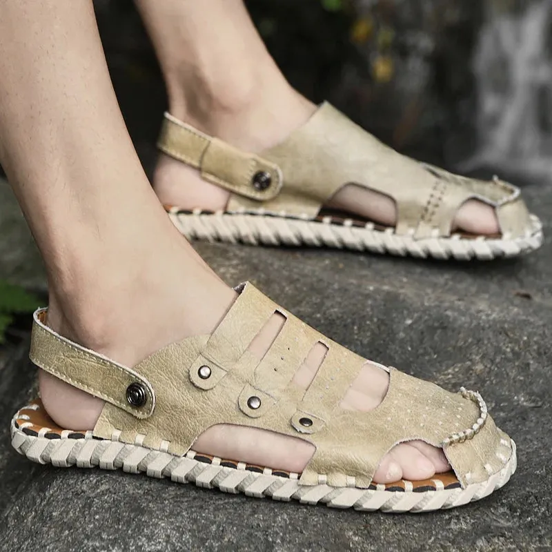 Sohiwoo Summer Fashion Casual Anti slip Large Casual Leather Breathable Lightweight and Versatile Durable Sandals Beach Shoes for Men