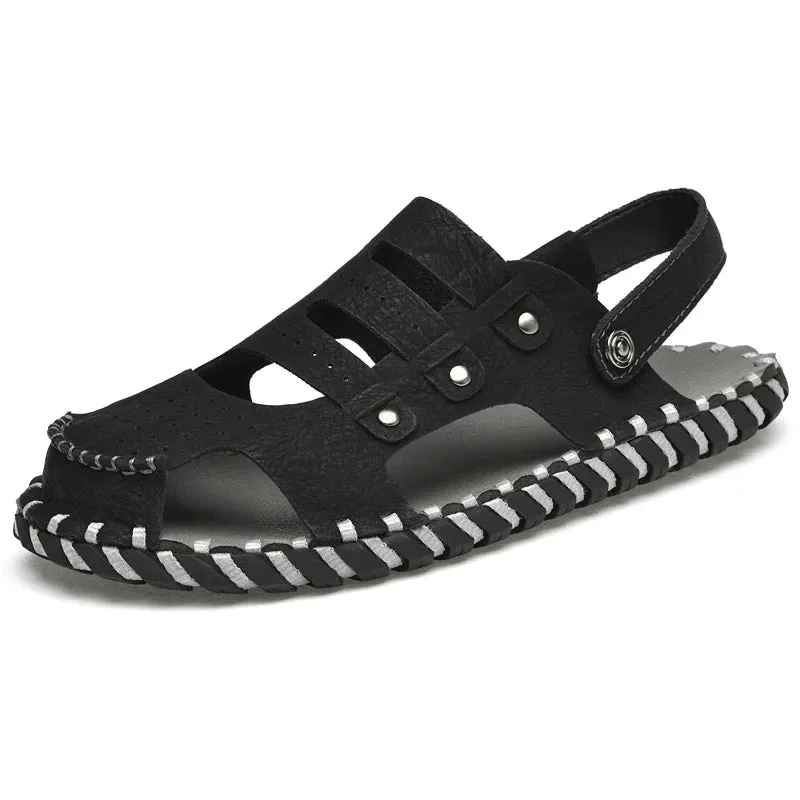 Sohiwoo Summer Fashion Casual Anti slip Large Casual Leather Breathable Lightweight and Versatile Durable Sandals Beach Shoes for Men