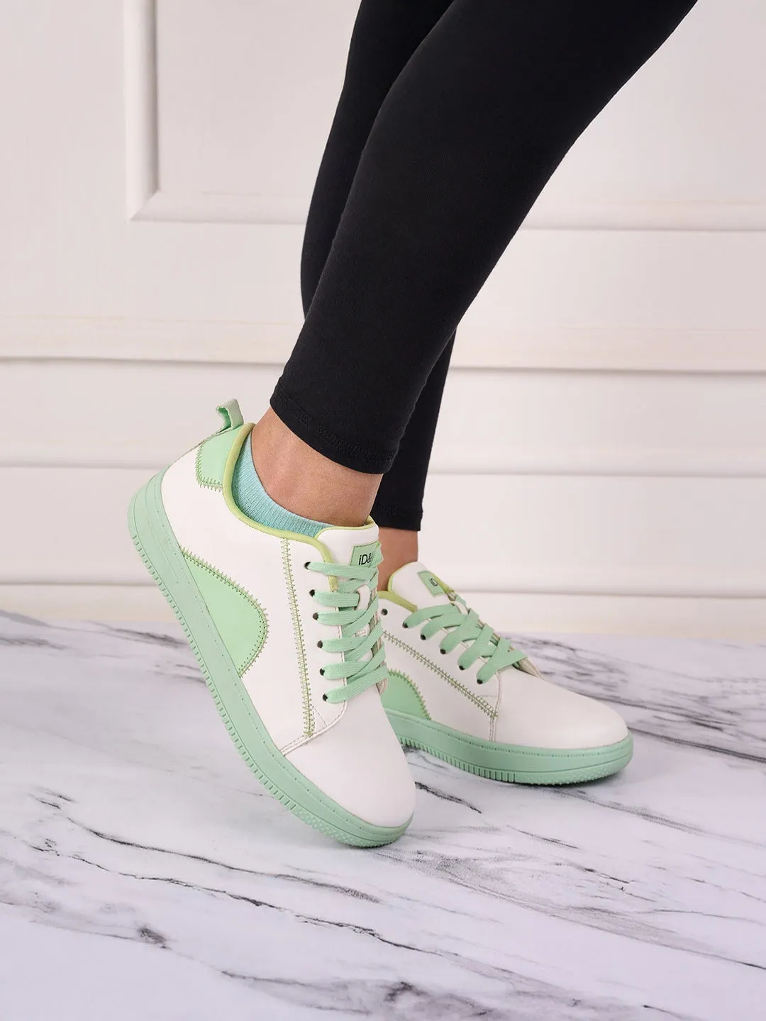 Women's White/Green Platform Sneakers (IU1015)